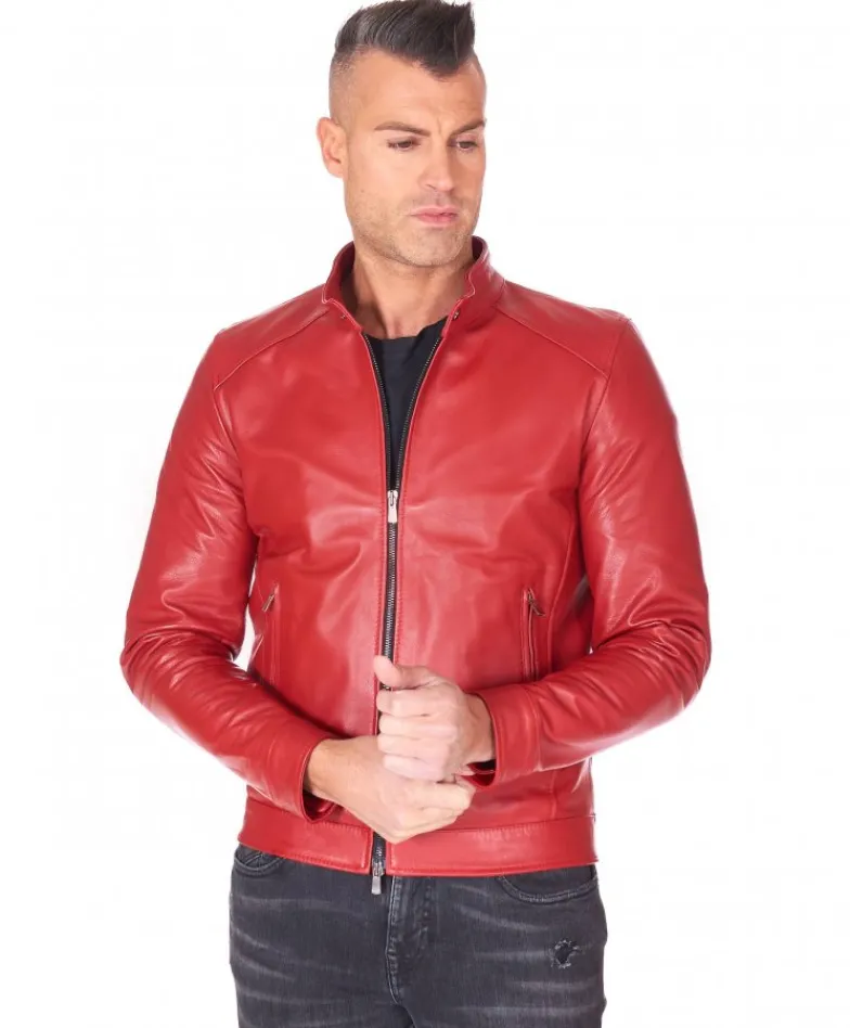 Uomo D'Arienzo Ted - Giacca in pelle rossa nappa effetto liscio collo coreana