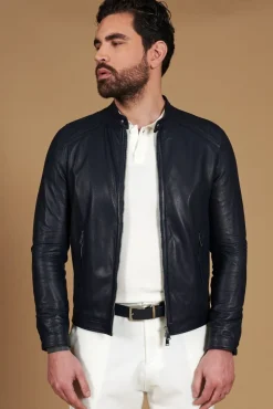 Uomo D'Arienzo Ted - Giacca in pelle traforata blu nappa effetto liscio