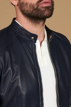 Uomo D'Arienzo Ted - Giacca in pelle traforata blu nappa effetto liscio