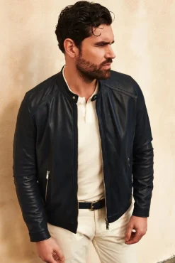 Uomo D'Arienzo Ted - Giacca in pelle traforata blu nappa effetto liscio