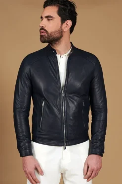 Uomo D'Arienzo Ted - Giacca in pelle traforata blu nappa effetto liscio