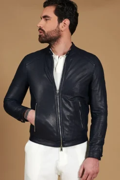 Uomo D'Arienzo Ted - Giacca in pelle traforata blu nappa effetto liscio