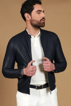 Uomo D'Arienzo Ted - Giacca in pelle traforata blu nappa effetto liscio
