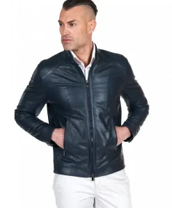 Uomo D'Arienzo Ted - Giacca in pelle traforata blu nappa effetto liscio