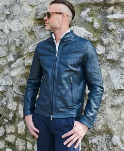 Uomo D'Arienzo Ted - Giacca in pelle traforata blu nappa effetto liscio