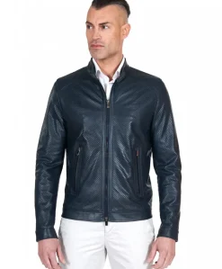 Uomo D'Arienzo Ted - Giacca in pelle traforata blu nappa effetto liscio