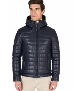 Uomo D'Arienzo Teo - Piumino in pelle blu con cappuccio