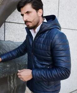 Uomo D'Arienzo Teo - Piumino in pelle blu con cappuccio