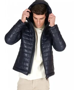 Uomo D'Arienzo Teo - Piumino in pelle blu con cappuccio