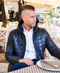 Uomo D'Arienzo Teo - Piumino in pelle blu con cappuccio