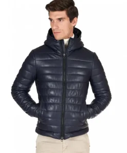 Uomo D'Arienzo Teo - Piumino in pelle blu con cappuccio
