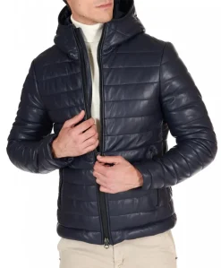 Uomo D'Arienzo Teo - Piumino in pelle blu con cappuccio