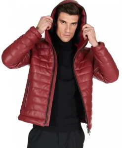 Uomo D'Arienzo Teo - Piumino in pelle bordeaux con cappuccio