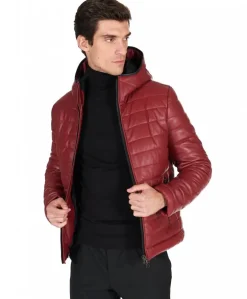Uomo D'Arienzo Teo - Piumino in pelle bordeaux con cappuccio