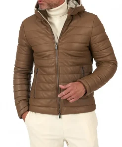 Uomo D'Arienzo Teo - Piumino in pelle colore fango con cappuccio bordo a contrasto