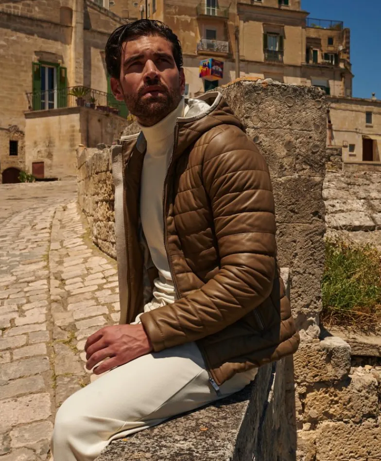 Uomo D'Arienzo Teo - Piumino in pelle colore fango con cappuccio bordo a contrasto