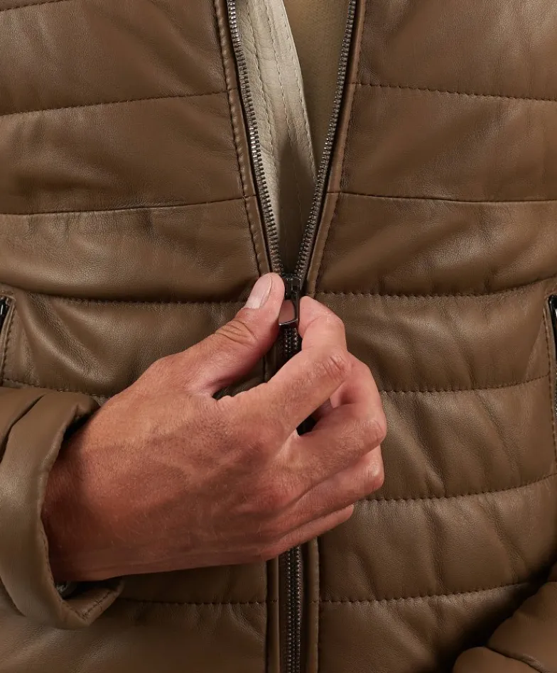 Uomo D'Arienzo Teo - Piumino in pelle colore fango con cappuccio bordo a contrasto