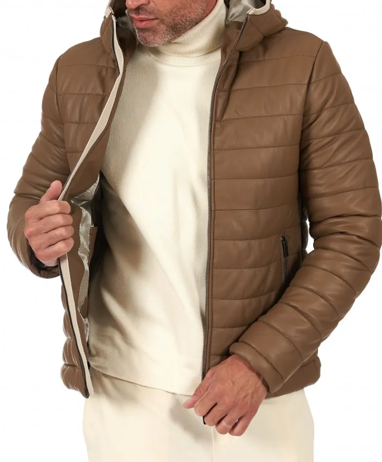 Uomo D'Arienzo Teo - Piumino in pelle colore fango con cappuccio bordo a contrasto