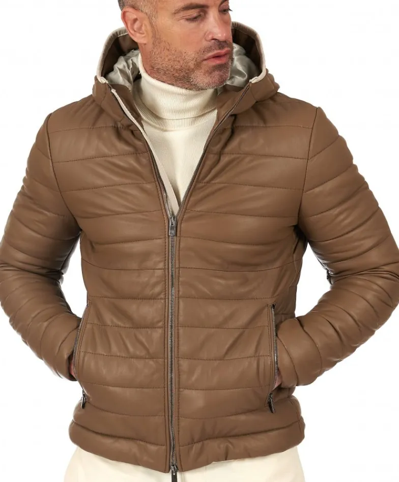 Uomo D'Arienzo Teo - Piumino in pelle colore fango con cappuccio bordo a contrasto