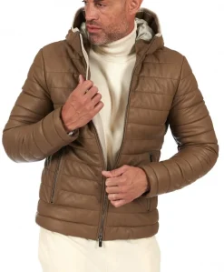 Uomo D'Arienzo Teo - Piumino in pelle colore fango con cappuccio bordo a contrasto