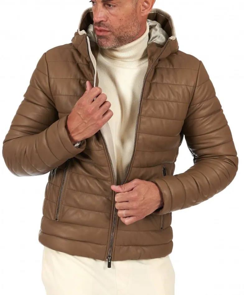 Uomo D'Arienzo Teo - Piumino in pelle colore fango con cappuccio bordo a contrasto