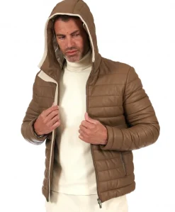 Uomo D'Arienzo Teo - Piumino in pelle colore fango con cappuccio bordo a contrasto