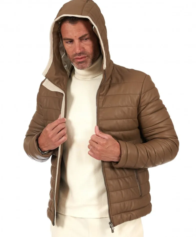 Uomo D'Arienzo Teo - Piumino in pelle colore fango con cappuccio bordo a contrasto
