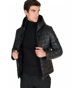 Uomo D'Arienzo Teo - Piumino in pelle nera con cappuccio