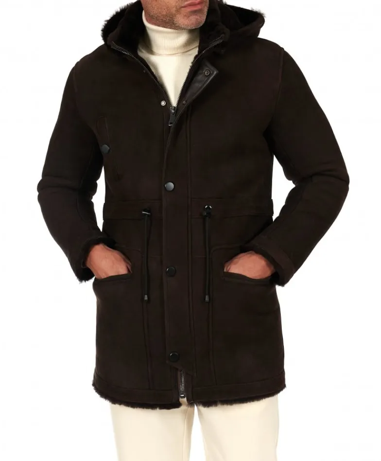 Uomo D'Arienzo Thomas - Cappotto montone shearling testa di moro con cappuccio staccabile