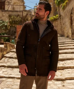 Uomo D'Arienzo Thomas - Cappotto montone shearling testa di moro con cappuccio staccabile
