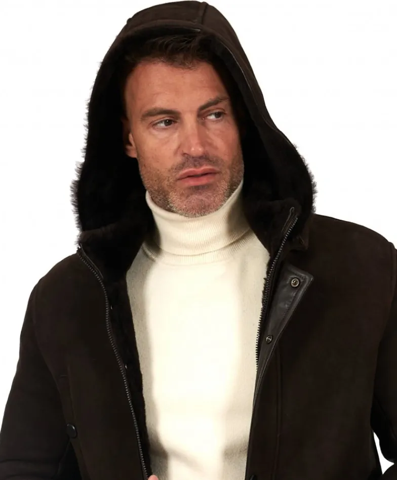 Uomo D'Arienzo Thomas - Cappotto montone shearling testa di moro con cappuccio staccabile