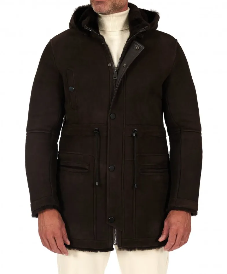 Uomo D'Arienzo Thomas - Cappotto montone shearling testa di moro con cappuccio staccabile