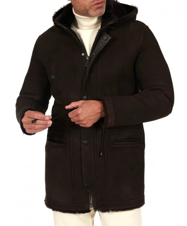Uomo D'Arienzo Thomas - Cappotto montone shearling testa di moro con cappuccio staccabile