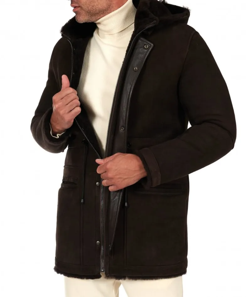 Uomo D'Arienzo Thomas - Cappotto montone shearling testa di moro con cappuccio staccabile