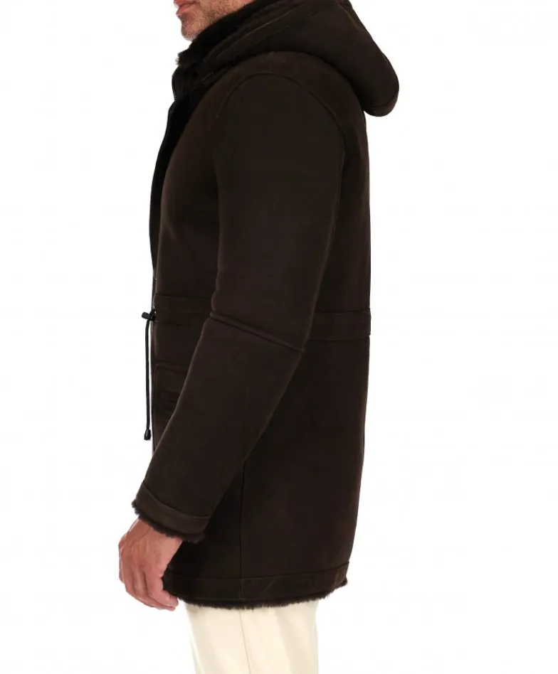 Uomo D'Arienzo Thomas - Cappotto montone shearling testa di moro con cappuccio staccabile