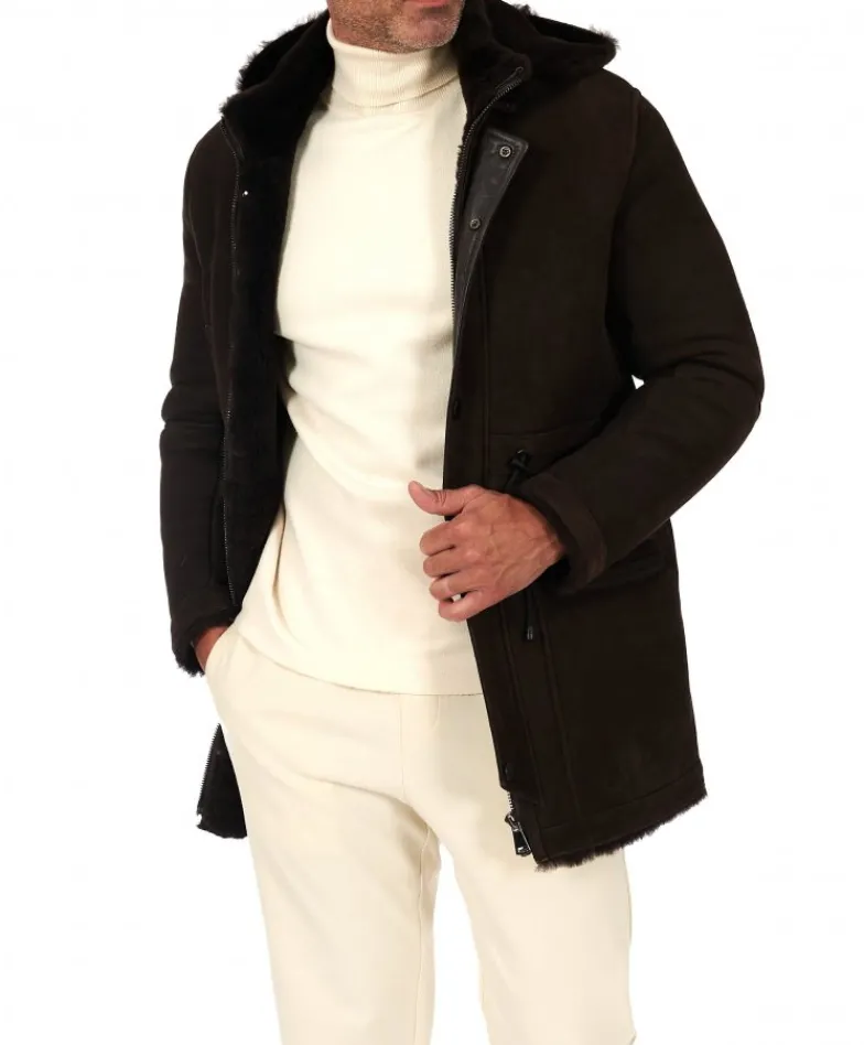 Uomo D'Arienzo Thomas - Cappotto montone shearling testa di moro con cappuccio staccabile