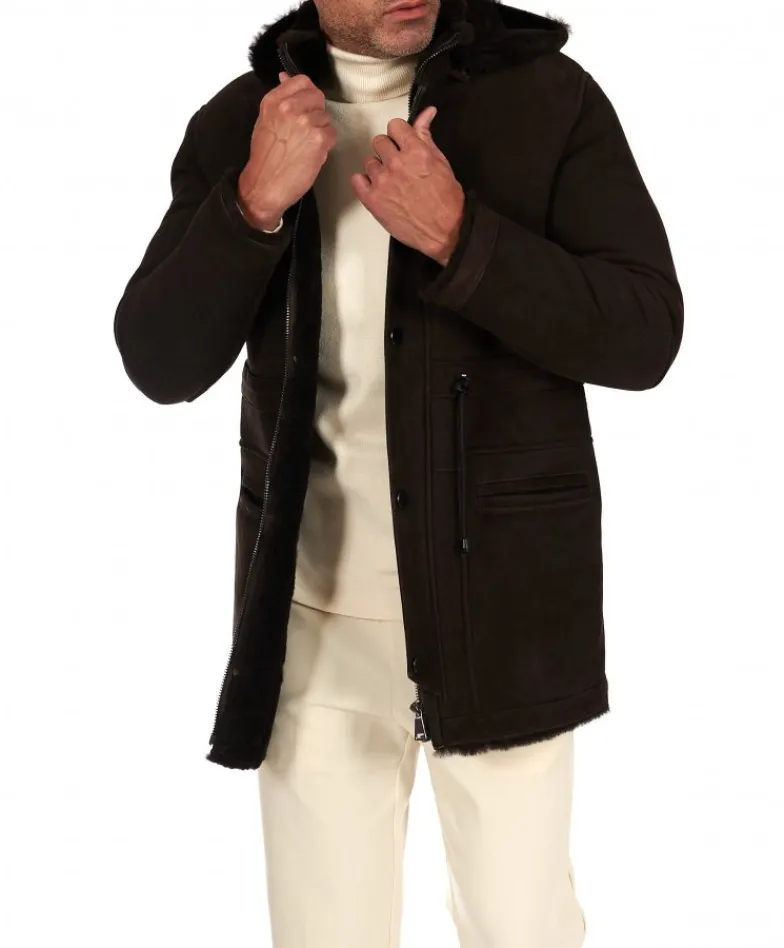 Uomo D'Arienzo Thomas - Cappotto montone shearling testa di moro con cappuccio staccabile