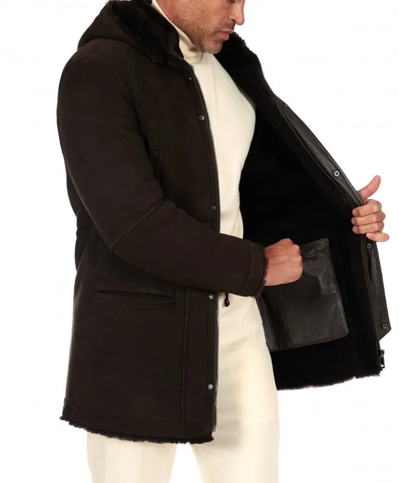 Uomo D'Arienzo Thomas - Cappotto montone shearling testa di moro con cappuccio staccabile