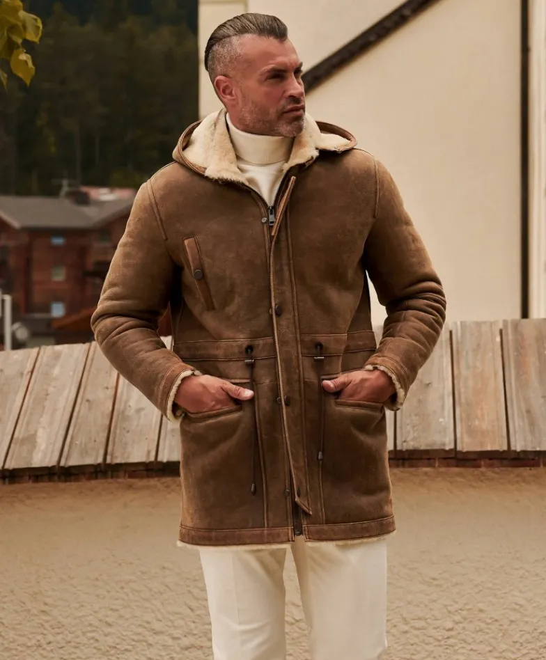 Uomo D'Arienzo Thomas - Cappotto Montone Shearling color fango con cappuccio staccabile