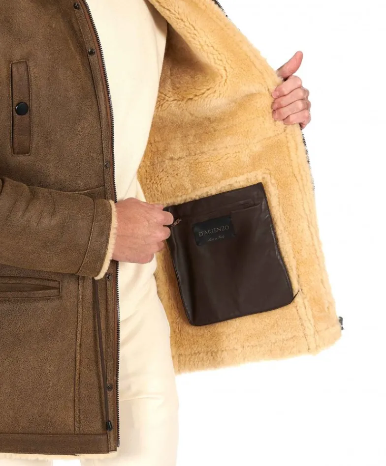 Uomo D'Arienzo Thomas - Cappotto Montone Shearling color fango con cappuccio staccabile