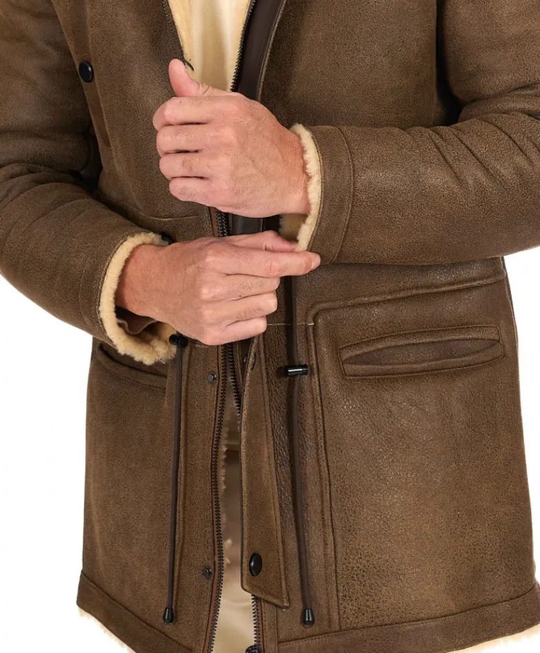 Uomo D'Arienzo Thomas - Cappotto Montone Shearling color fango con cappuccio staccabile
