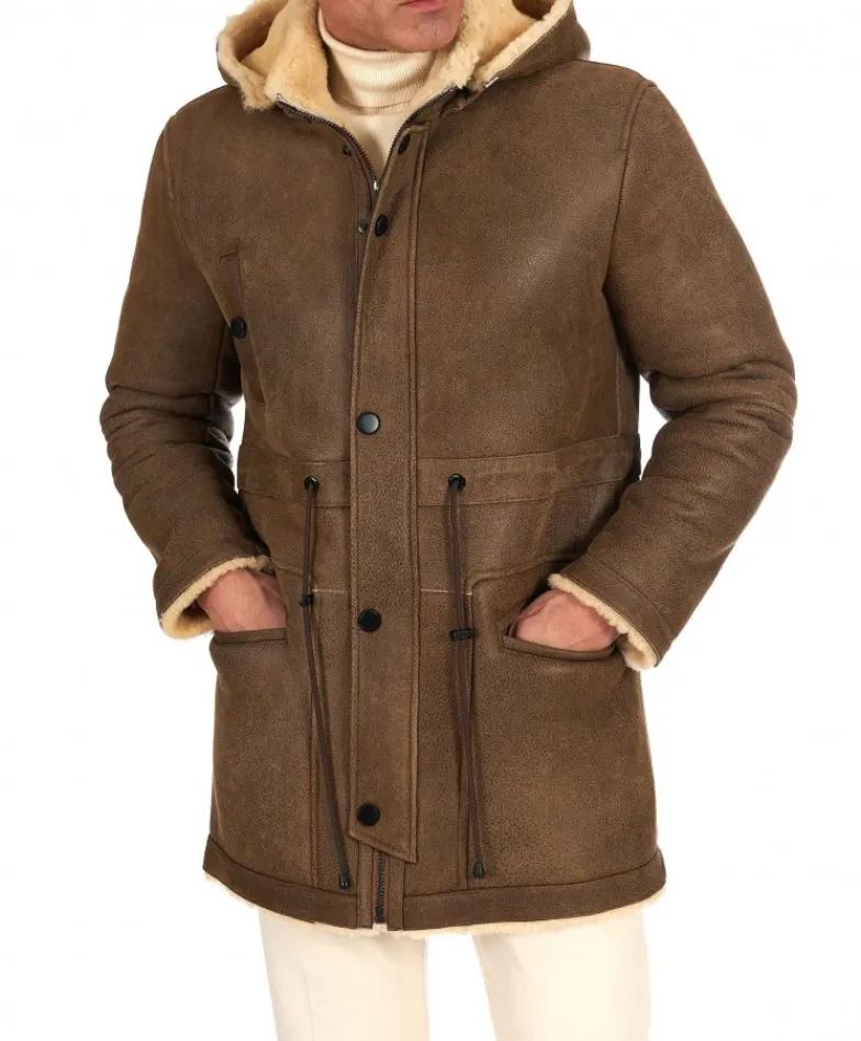 Uomo D'Arienzo Thomas - Cappotto Montone Shearling color fango con cappuccio staccabile