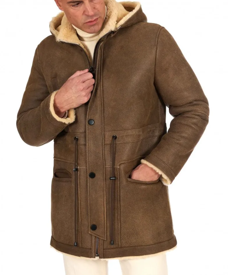 Uomo D'Arienzo Thomas - Cappotto Montone Shearling color fango con cappuccio staccabile