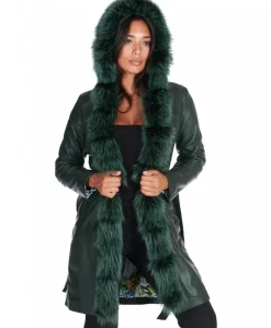 Donna D'Arienzo Tina - Cappotto in pelle naturale verde con cappuccio bordato pelliccia