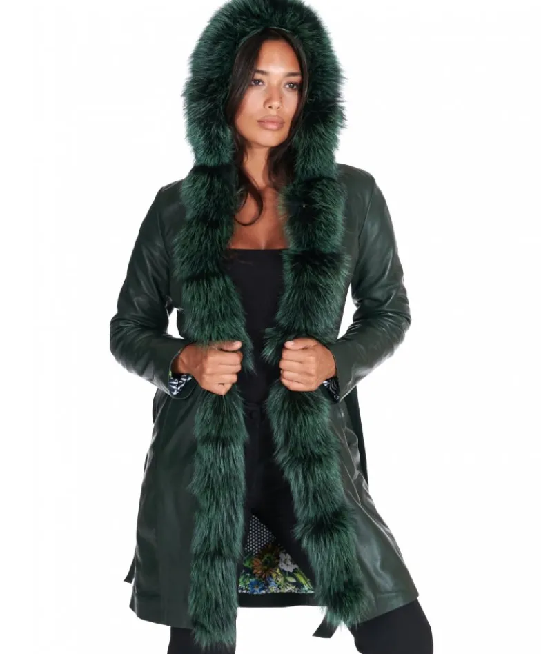Donna D'Arienzo Tina - Cappotto in pelle naturale verde con cappuccio bordato pelliccia