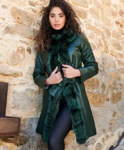 Donna D'Arienzo Tina - Cappotto in pelle naturale verde con cappuccio bordato pelliccia