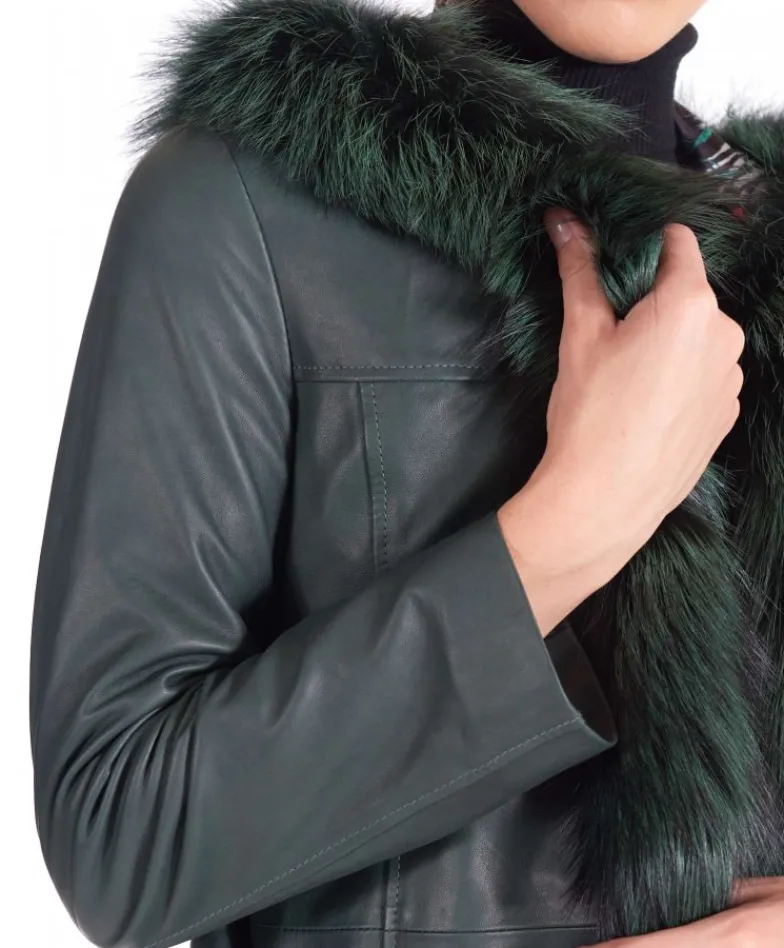 Donna D'Arienzo Tina - Cappotto in pelle naturale verde con cappuccio bordato pelliccia