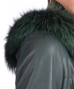 Donna D'Arienzo Tina - Cappotto in pelle naturale verde con cappuccio bordato pelliccia