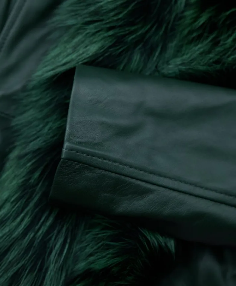 Donna D'Arienzo Tina - Cappotto in pelle naturale verde con cappuccio bordato pelliccia