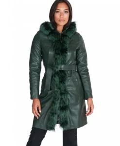 Donna D'Arienzo Tina - Cappotto in pelle naturale verde con cappuccio bordato pelliccia